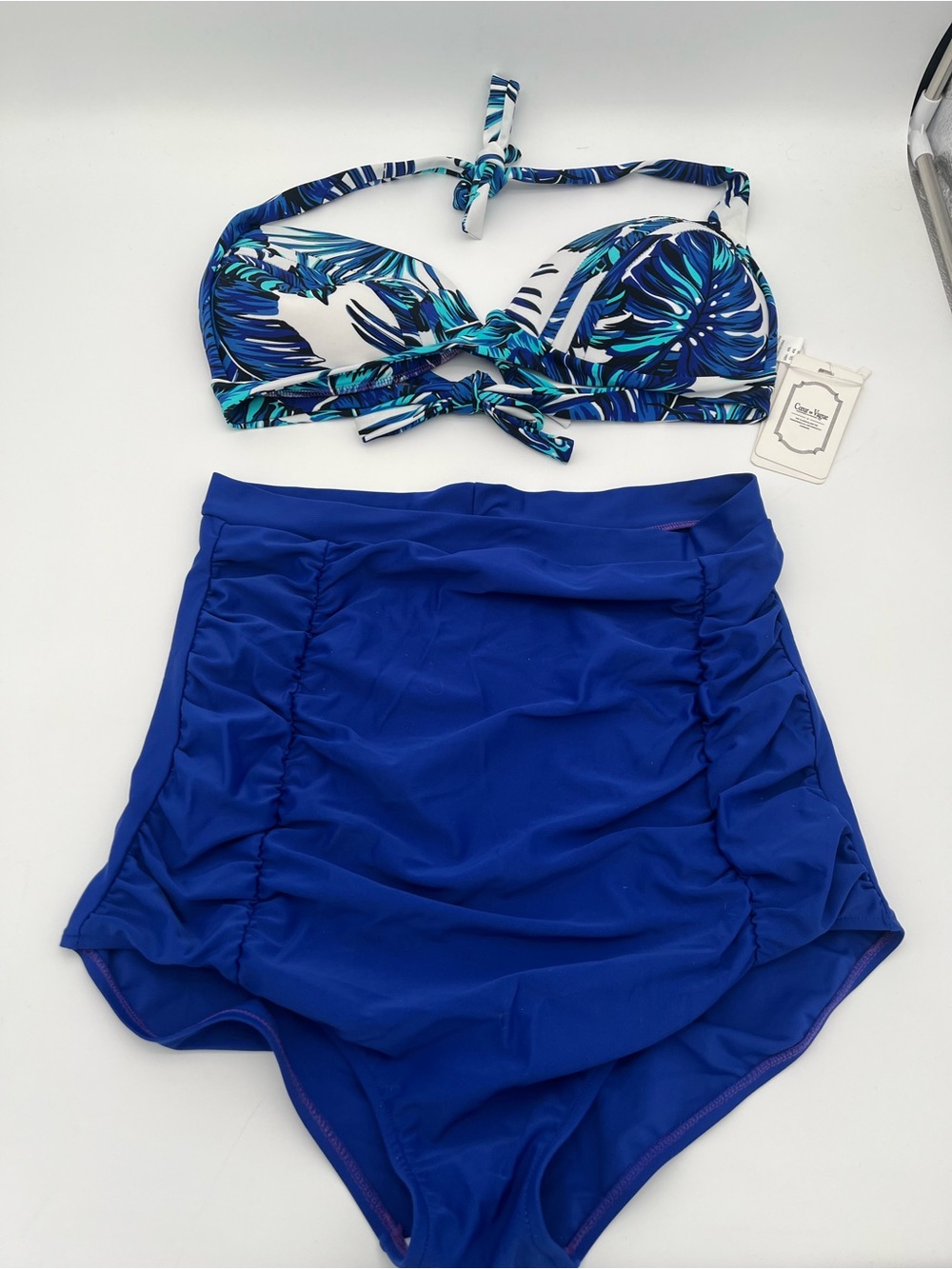 Two-Piece Tropical Leaf high waist Bikini Set in Royal Blue & Teal US 14 NWT